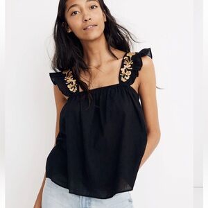 Madewell Embroidered-Strap Swing Top Black Semi Sheer Cotton Floral Strap Size S